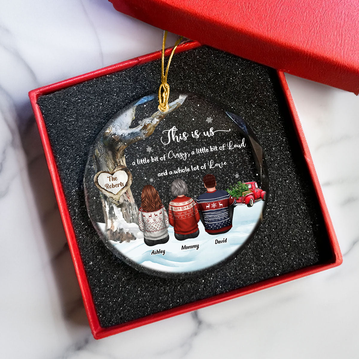 Family Sitting Back View Under Tree Red Truck Winter Personalized Glass Ornament