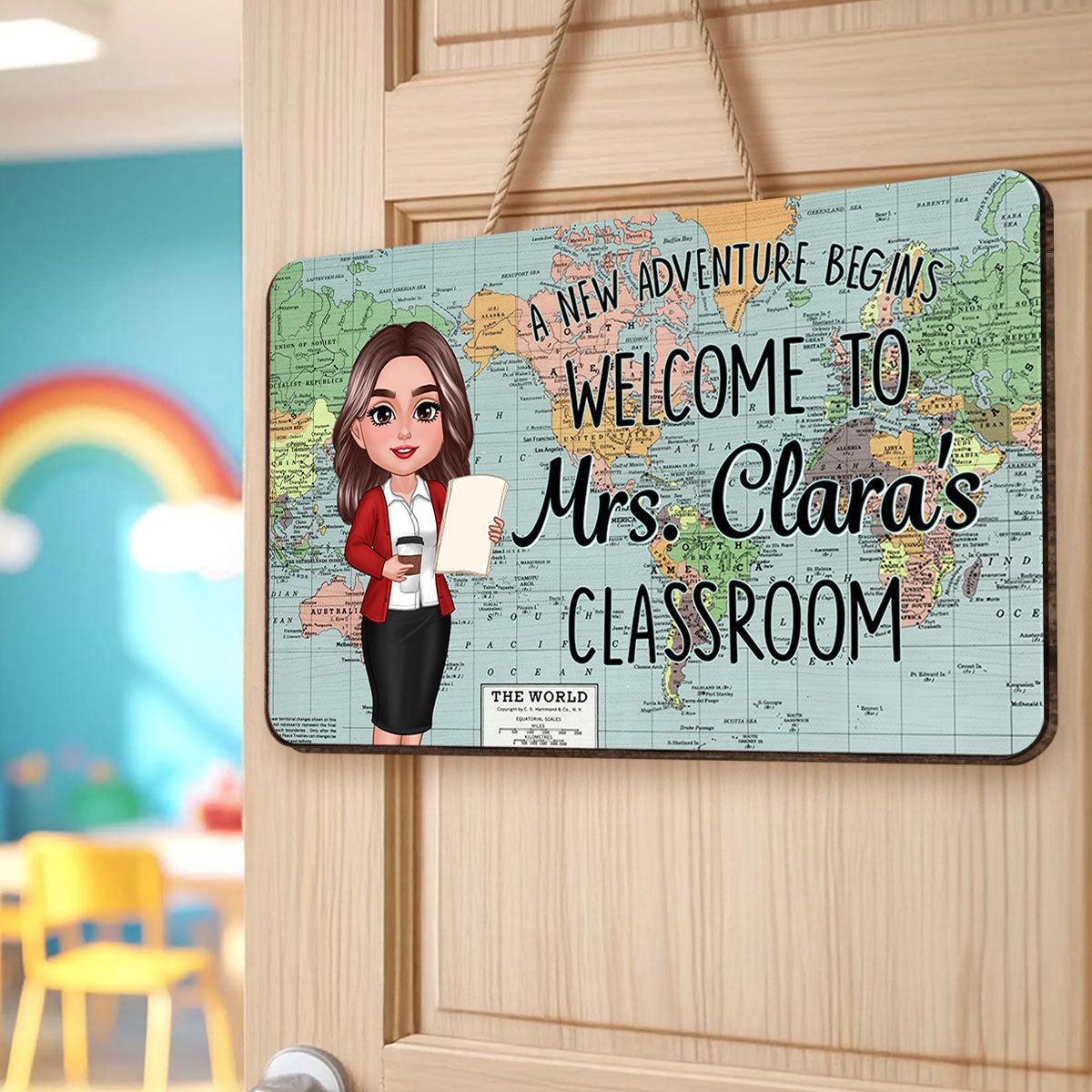World Map Adventure Themed Welcome To Classroom Personalized Rectangle Door Hanger, Back To School, Classroom Decor