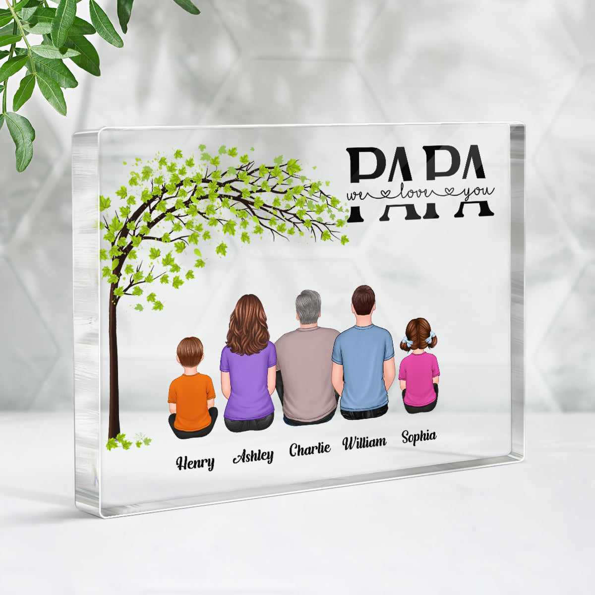 Grandpa Dad We Love You Back View Man Sitting With Kids Personalized Horizontal Rectangle Acrylic Block Plaque