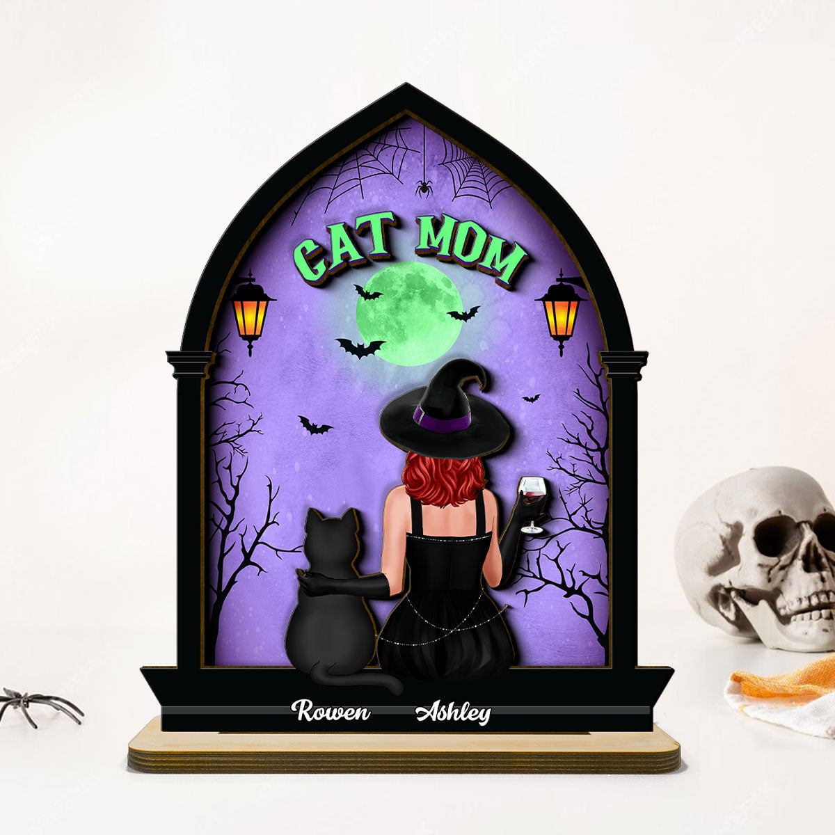 Halloween Witch and Cats Gothic Window Shaped Personalized 2-Layer Wooden Standing Plaque