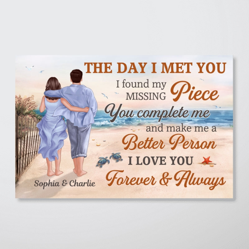 Back View Couple Walking On The Beach Path The Day I Met You Personalized Horizontal Poster