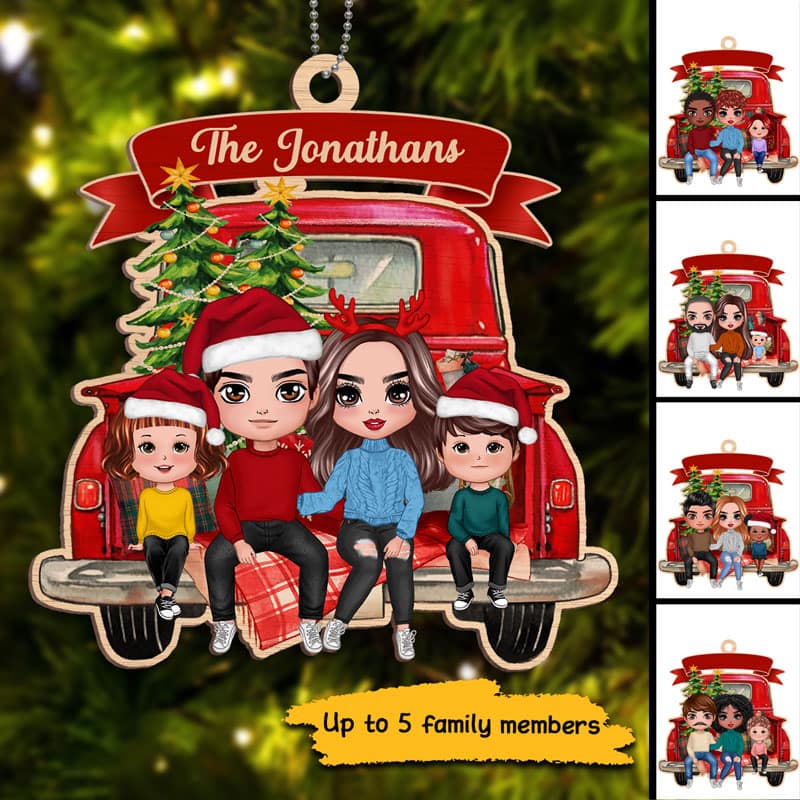 Family Couple On Christmas Truck Personalized Wooden Ornament