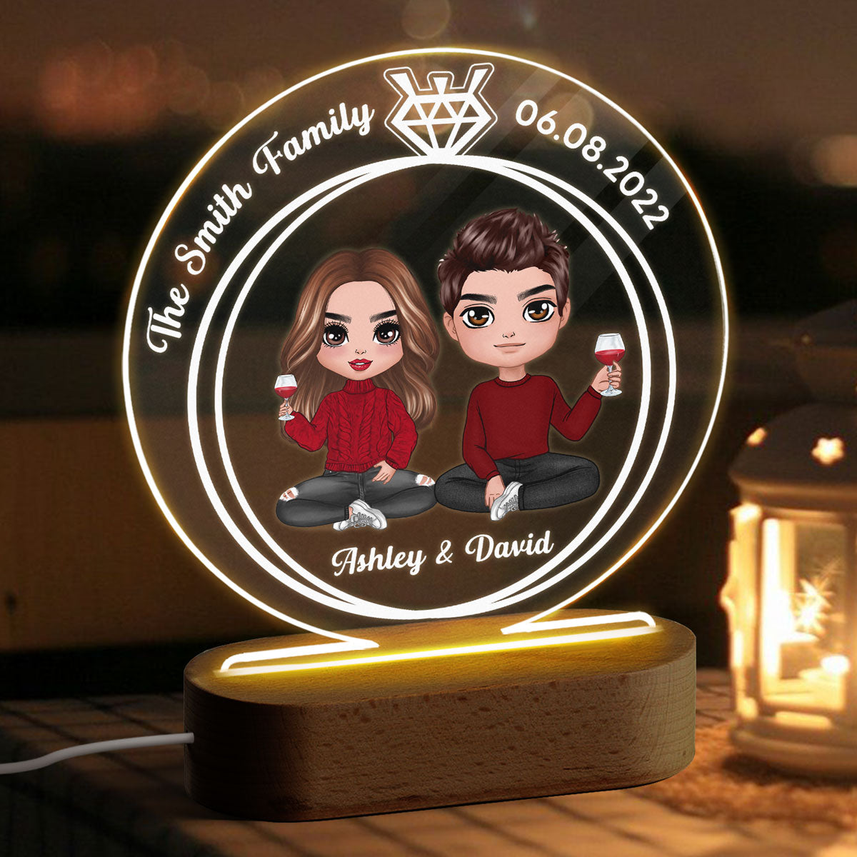 Doll Couple Sitting Ring Personalized Circle Plaque LED Night Light - Wedding Anniversary Gift
