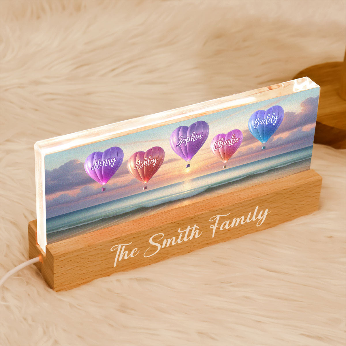 Personalized Family Heart Air Balloons At Beach Acrylic Block LED Night Light, Gift for Family, Dad, Mom, Wife, Husband