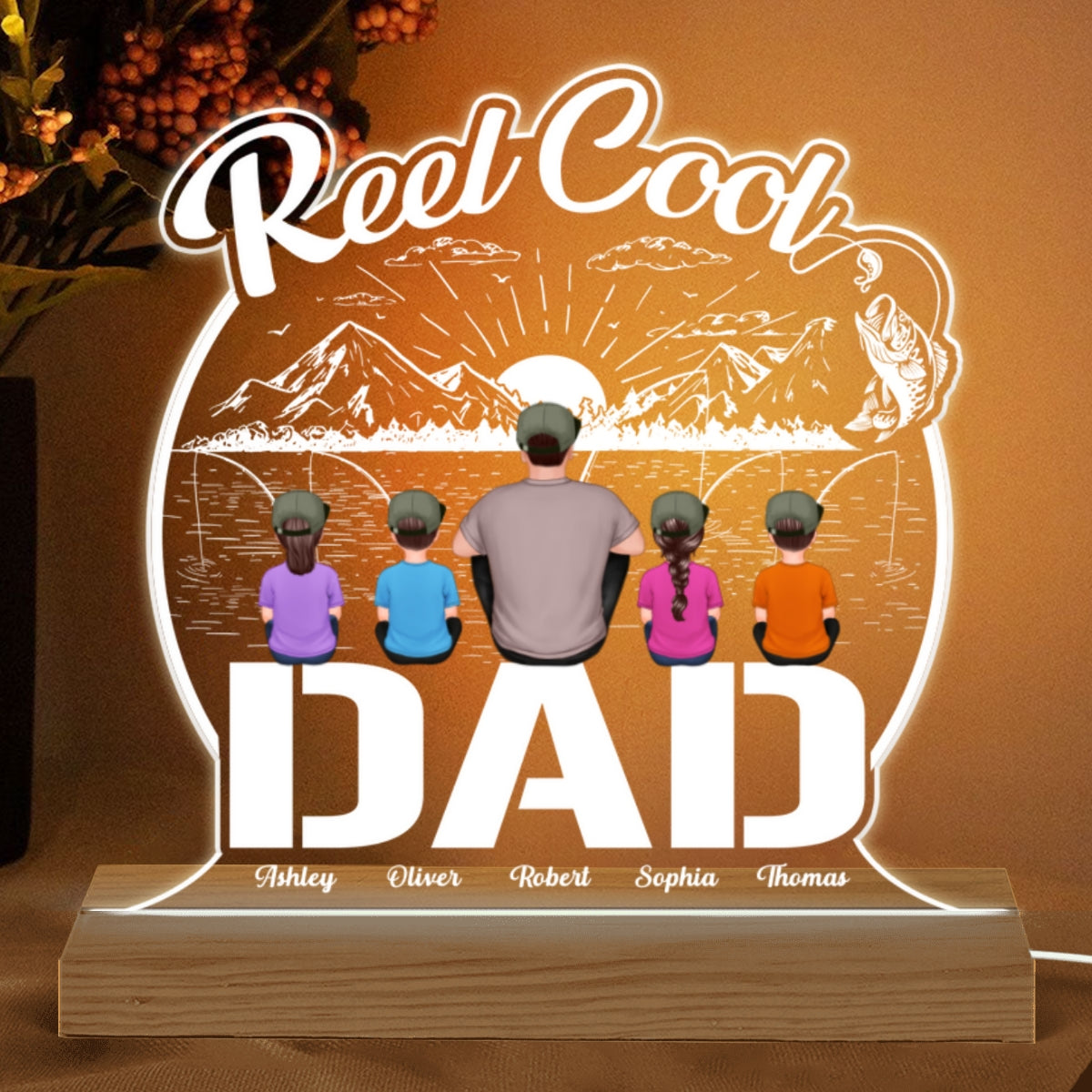 Reel Cool Dad Papa Fishing Personalized Custom Shape Warm LED Night Light