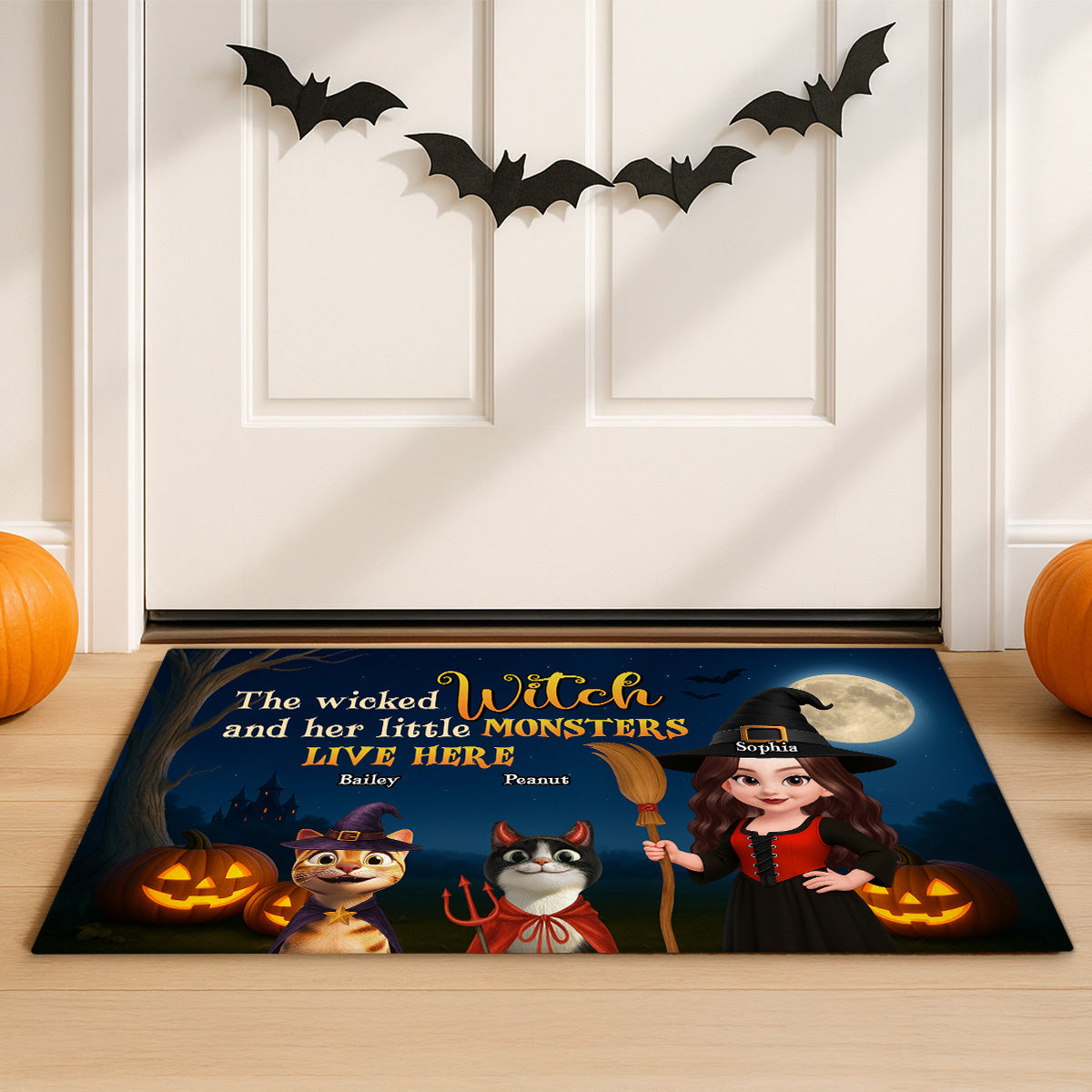 Spooky Halloween Theme Wicked Witch And Monsters Cats Personalized Doormat