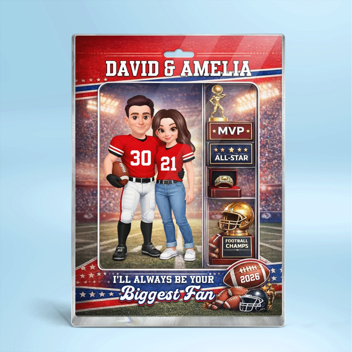 Football Couple Action Figure - Personalized Acrylic Block Plaque - Anniversary, Valentine's Day Gift, Gift For Him, Gift For Her