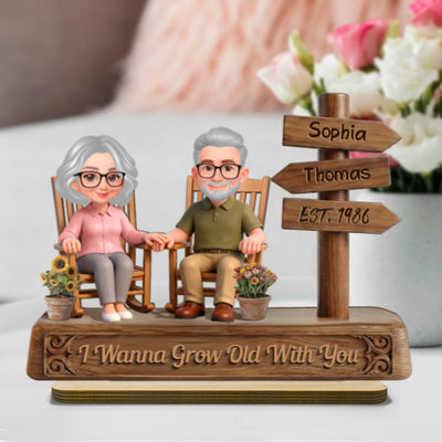 Old Couple Sitting On Rocking Chair By Sign Post 2D Flat - Personalized 2-Layered Wooden Plaque
