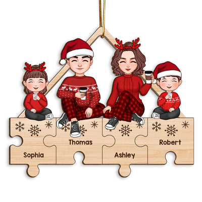 Cute Family Sitting On Puzzle Pieces Christmas Gifts Personalized Wooden Ornament