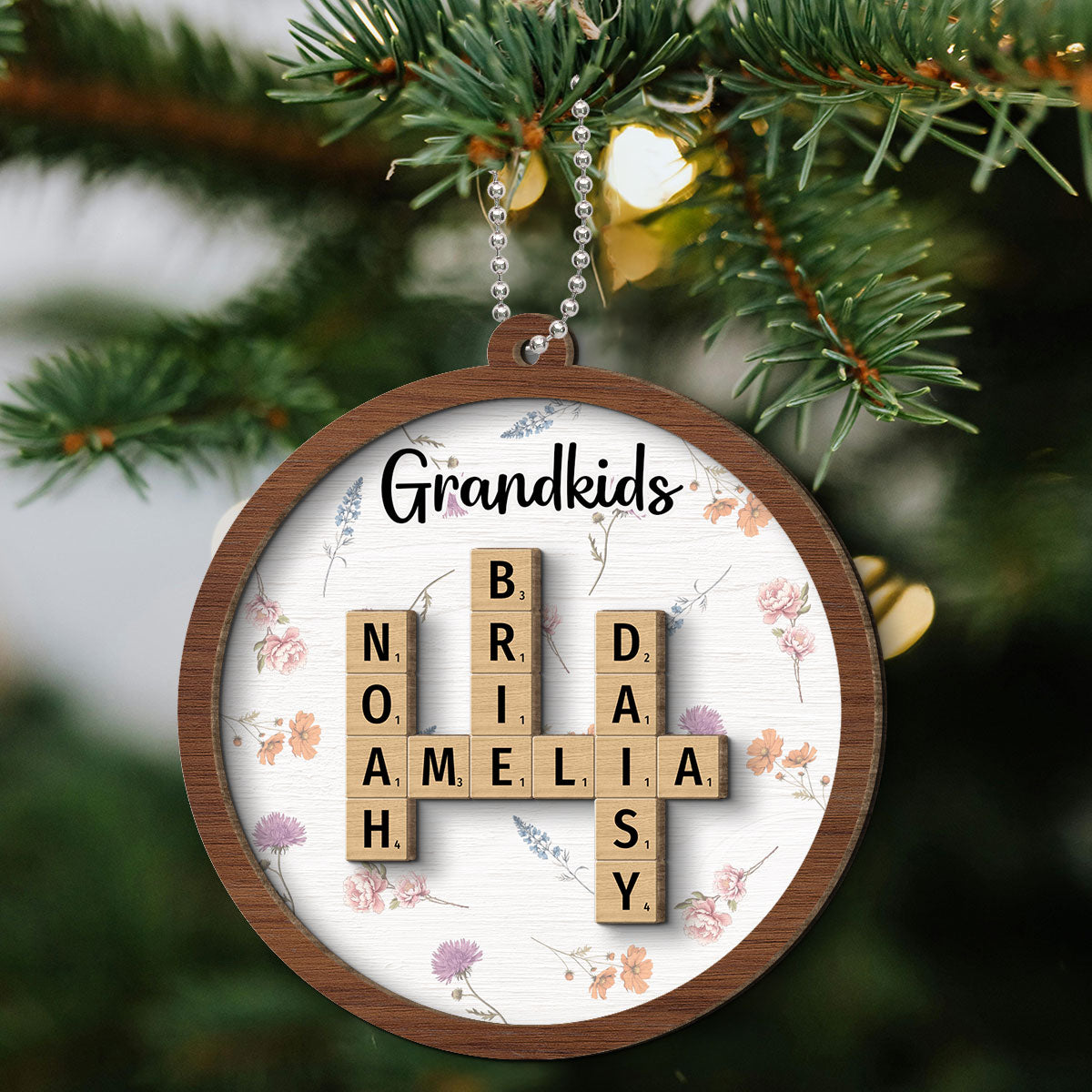 Grandkids Grandma's Garden Crossword Puzzle Art Birth Month Flower Personalized 2-Layer Wooden Ornament