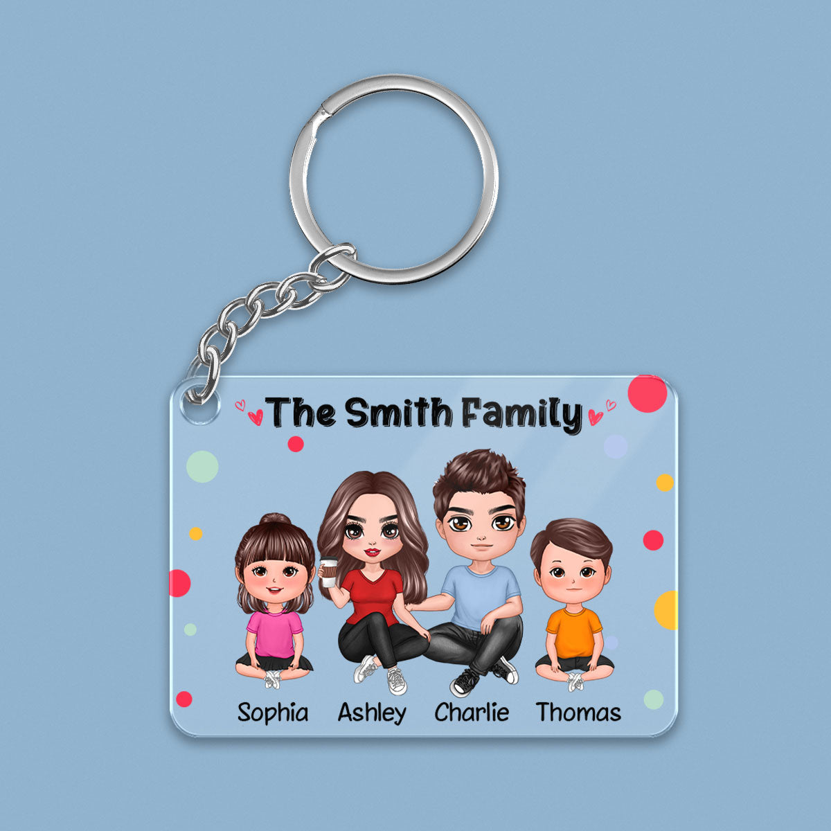 Polka Dot Pattern Whole Family Doll Couple Dad Mom Kids Dogs Cats Personalized Acrylic Keychain