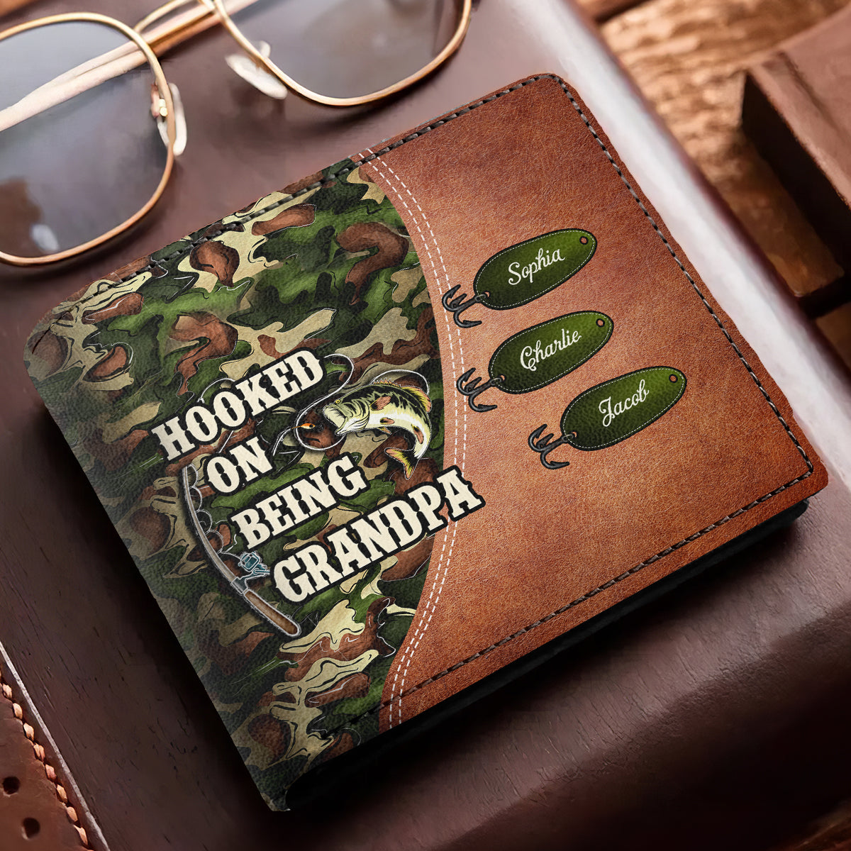Hooked On Being Fishing Grandpa Camouflage Personalized Men’s Wallet