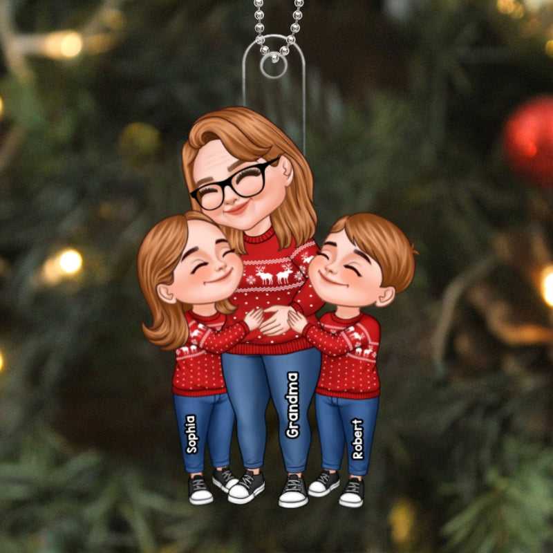 Cartoon Grandma & Grandkids Hugging Christmas Gift For Grandma Granddaughter Grandson Personalized Acrylic Ornament