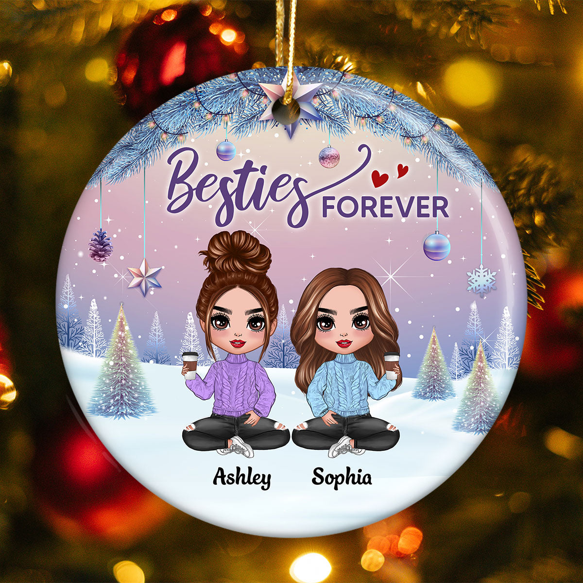 Gradient Background Christmas Besties Sisters Personalized Circle Ornament