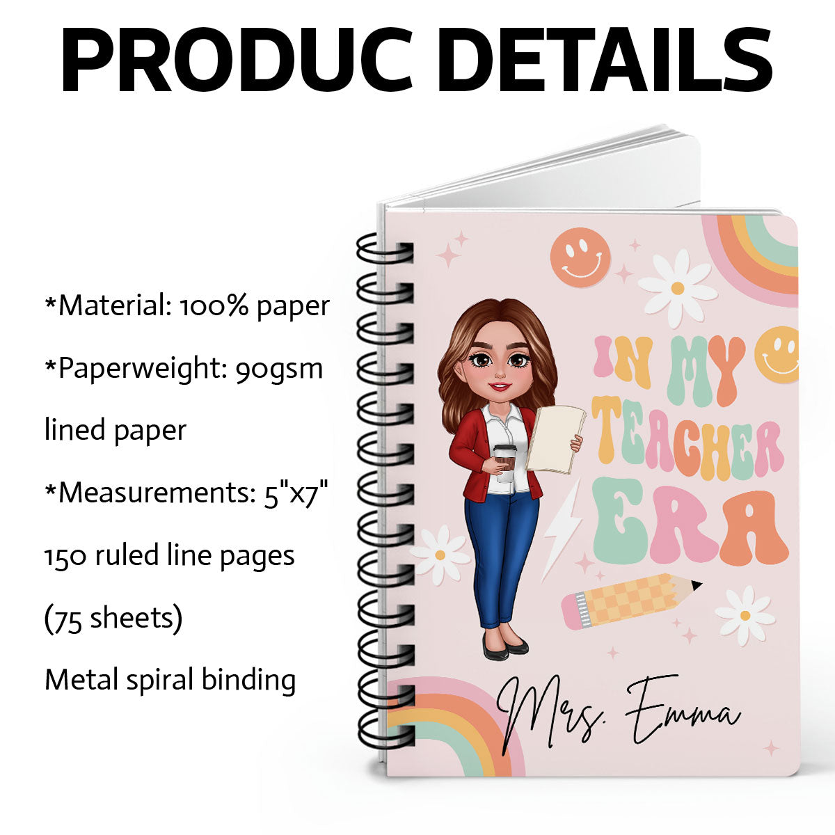 In My Teacher Era Teacher Name Personalized Spiral Notebook Journal, Back To School Stationery
