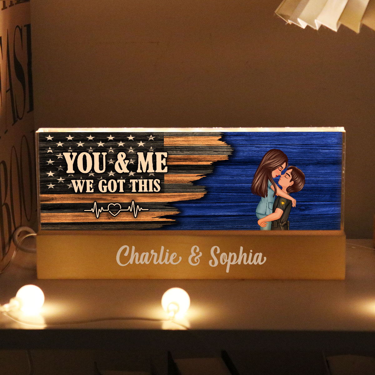 Hero Couple Hugging Kissing Half Flag  Gift by Occupation Personalized Acrylic Block LED Night Light
