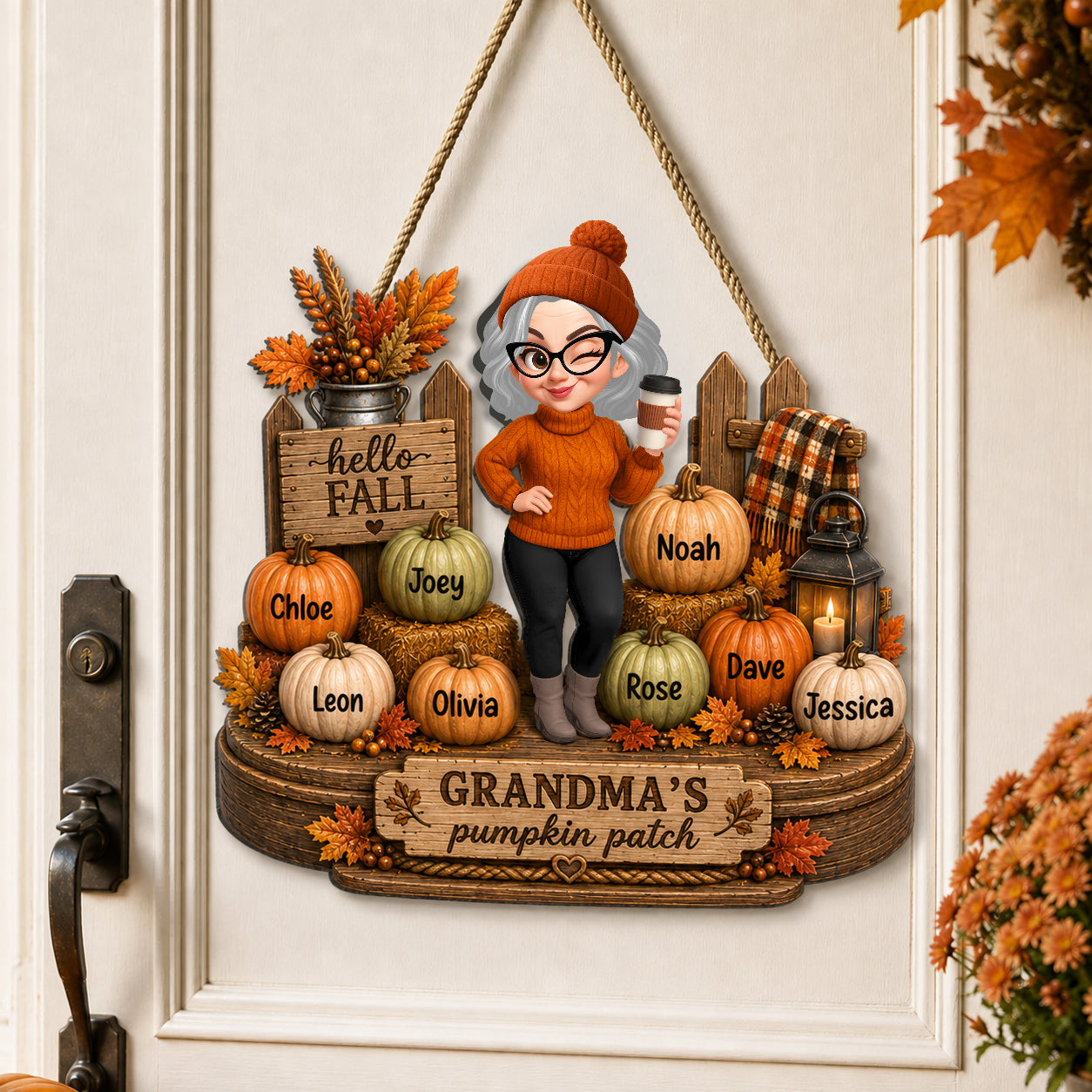 Hello Fall Grandma's Pumpkin Patch - Personalized Wooden Door Sign - Cozy Fall Decor for Grandma