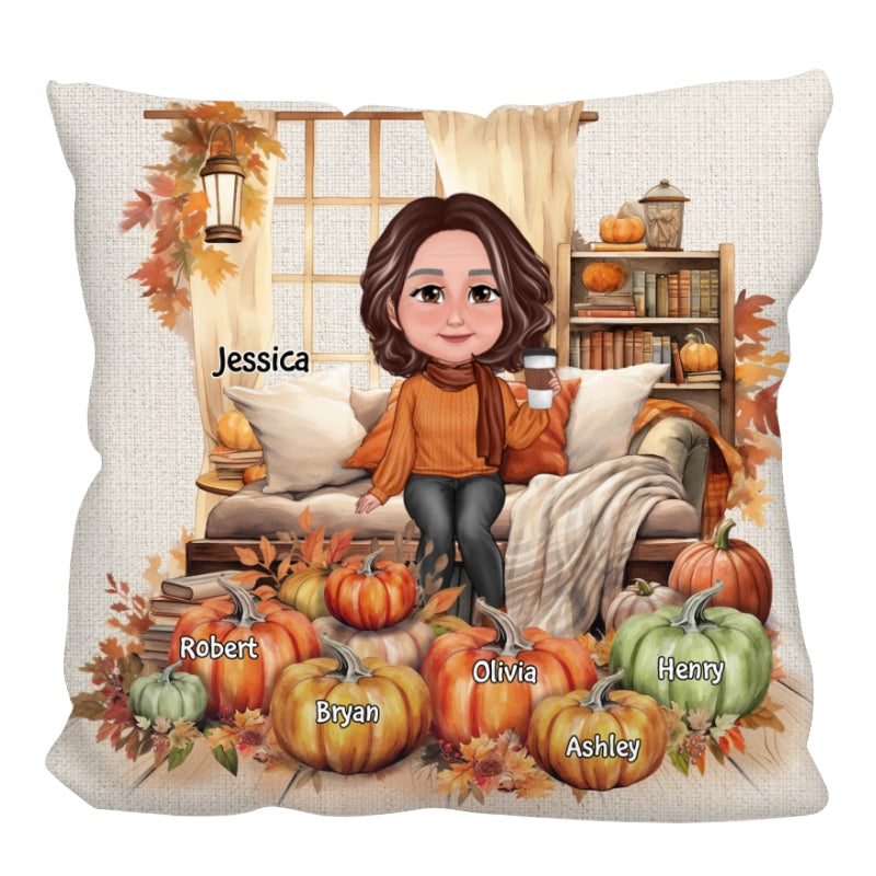 Grandma Mom Sitting Cozy Window Fall Season Personalized Pillow