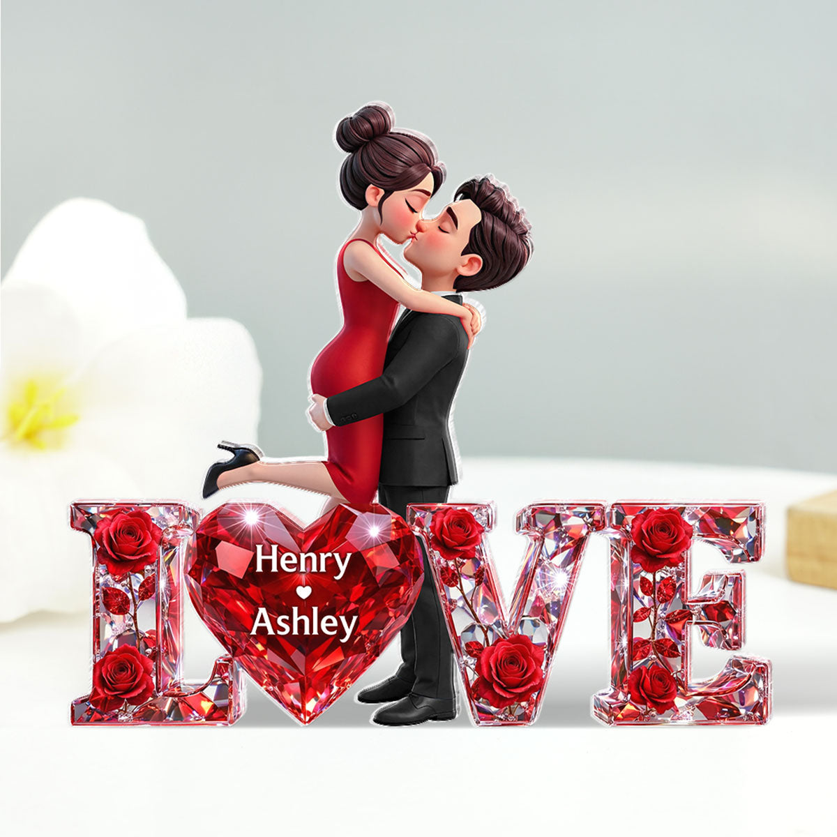 3D Shiny Rose Love Couple - Personalized Acrylic Block Plaque - Heartfelt Valentine's Day Gift For Him, Gift For Her