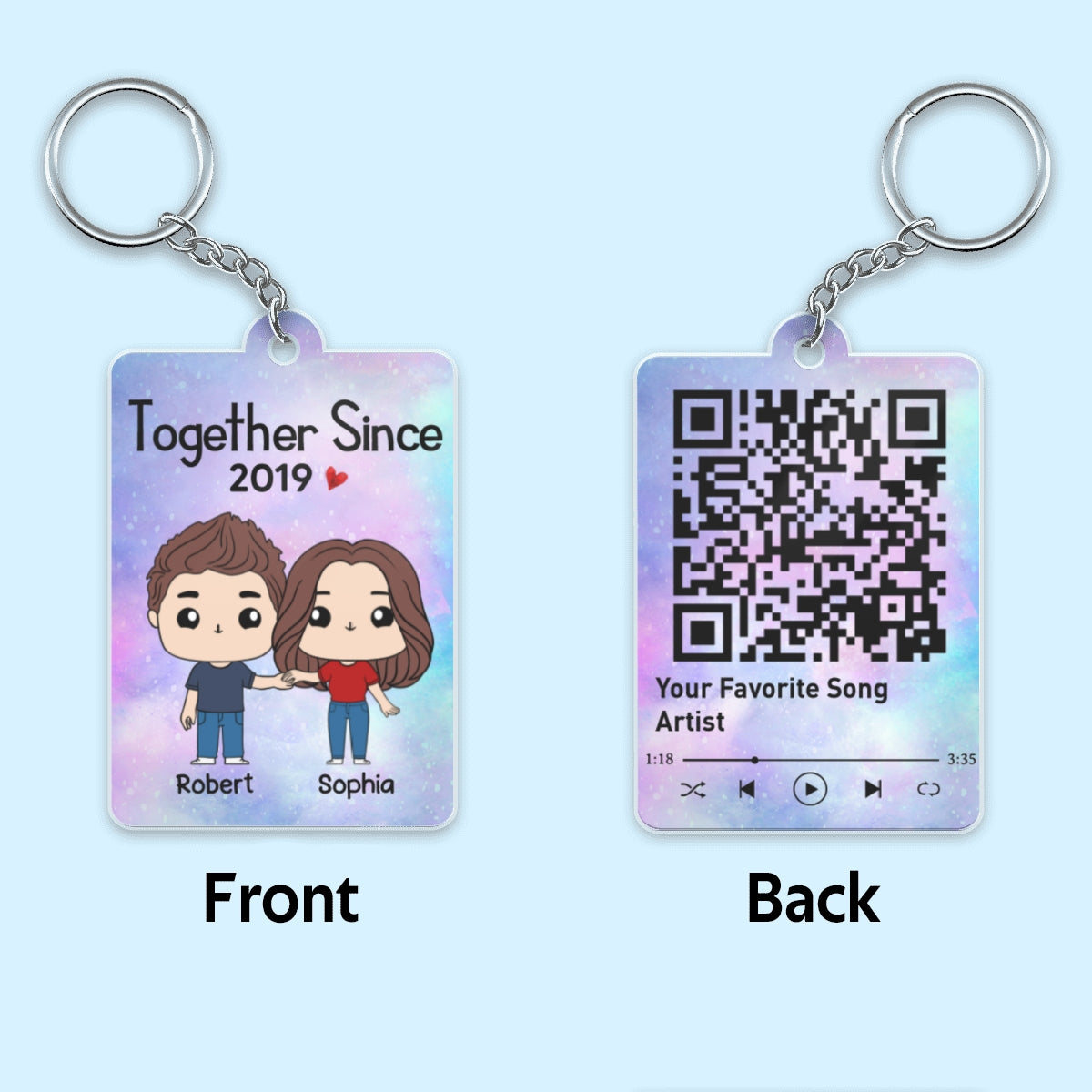 Chibi Couple Square Face Together Since Favorite Song QR Code Personalized Acrylic Keychain