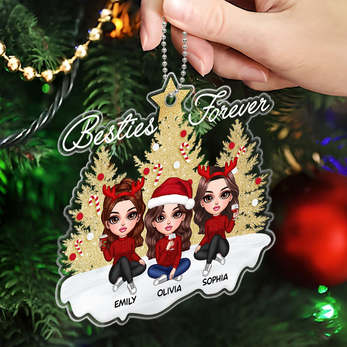 Sparkling Christmas Tree Besties Forever Personalized Acrylic Ornament, Christmas Gift For Best Friends
