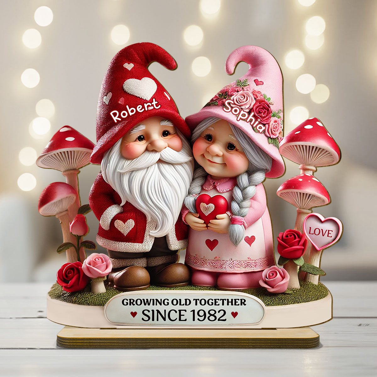 3D Effect Gnome Mushroom Old Couple Personalized Wooden Standing, Heartfelt Anniversary Gift,  Gift For Couple, For Him, For Her, Husband, Wife