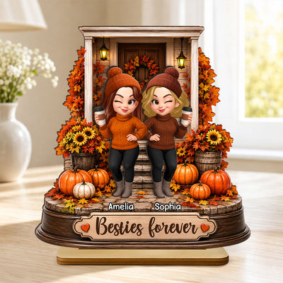 Besties Forever Front Porch Memories - Personalized 2-Layered Wooden Plaque - Fall Season Gift For Besties