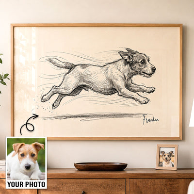 Dog with Zoomies Vintage Sketch From Your Pet Photo - Personalized Poster - Unique Pet Art Decor Gift For Dog Lover