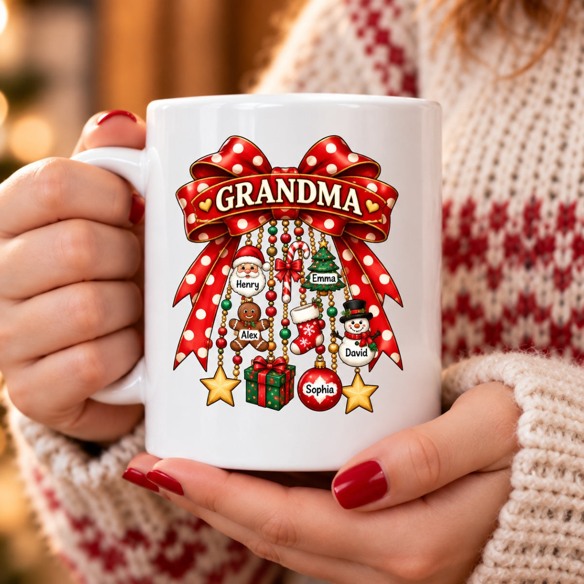 Grandma Retro Christmas Charm Bow - Personalized Mug - Trendy Christmas for Grandma