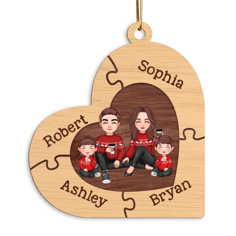 Christmas Cute Doll Family Sitting Heart Puzzles Personlized Wooden Ornament
