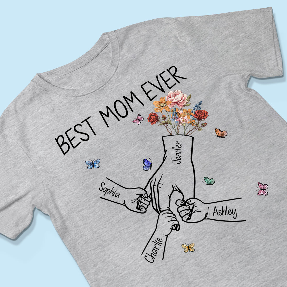 Kids Holding Mom‘s Hand Vintage Birth Month Flowers Gift For Mom Personalized Shirt