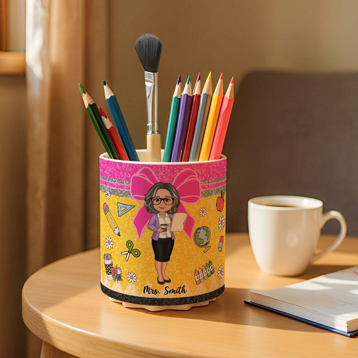 Glitter Coquette Pattern Personalized Rotating Pen Holder, Teacher Appreciation Gift, Back To School Gift