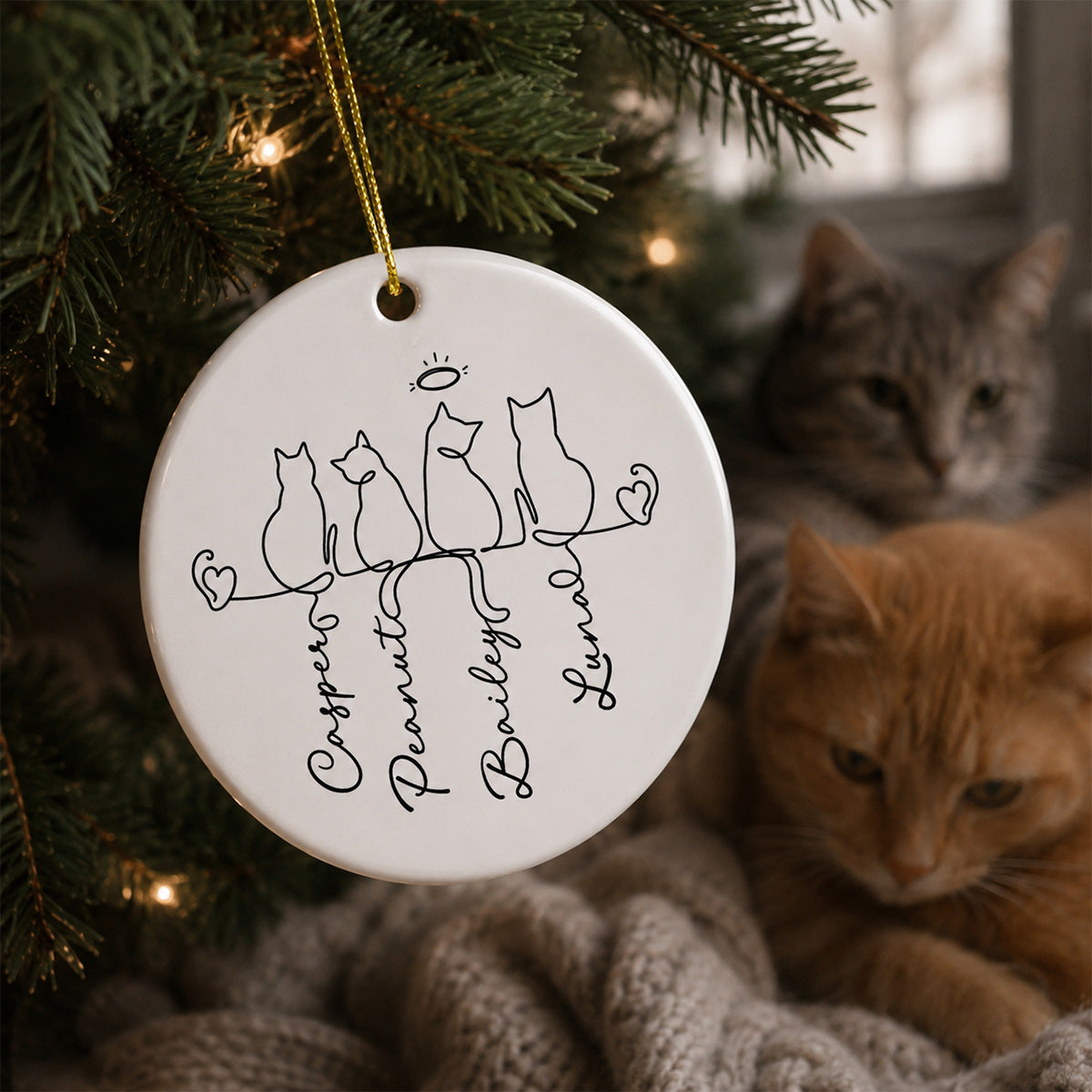 Cats Ornament - Personalized Ceramic Ornament - Cat Lover Gift, Pet Memorial Ornament, Cat Family Keepsake
