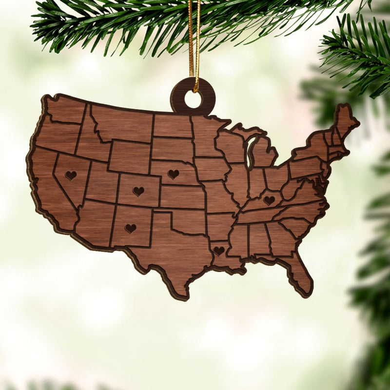 Family Close At Heart State USA Map Personalized Wooden Ornament