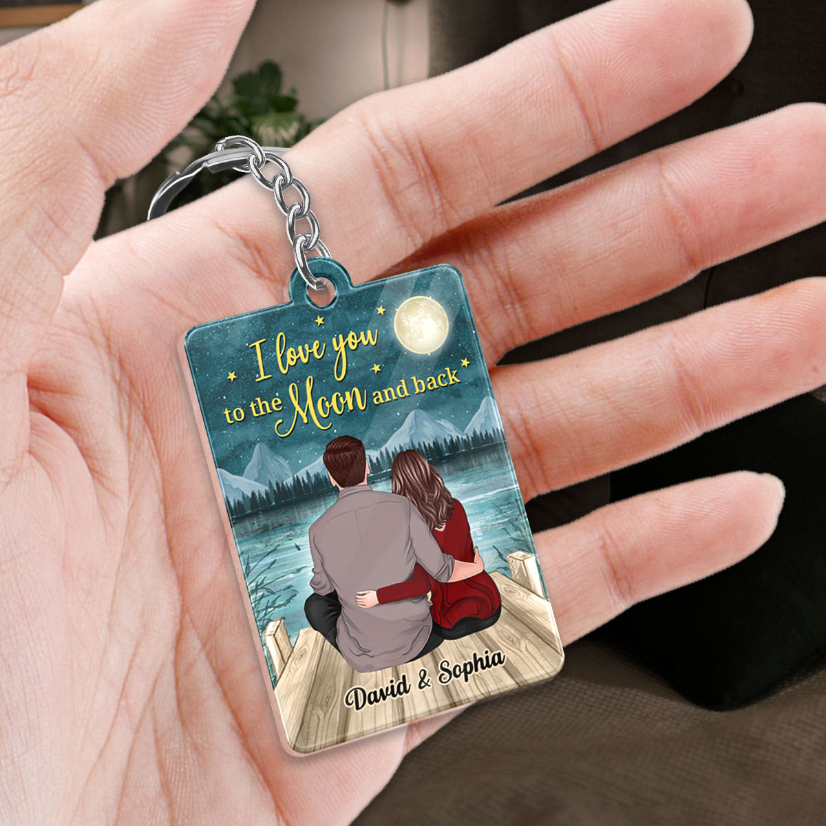Back View Couple Sitting On Bridge I Love You To The Moon And Back Favorite Song Scannable QR Code Personalized Acrylic Keychain