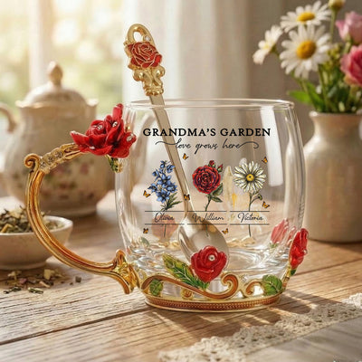 Vintage Grandma Garden Custom Birth Month Flowers - Personalized Enamel Flower Tea Cup - Gift For Grandma, Mom