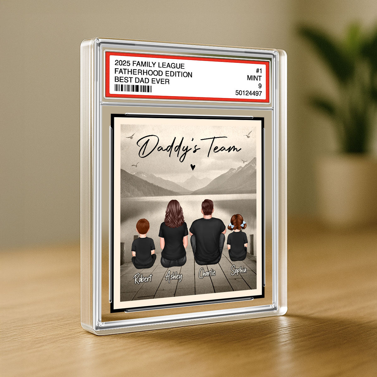 Daddy's Team Dad & Kids Sitting Trading Card Style Personalized Acrylic Block Plaque