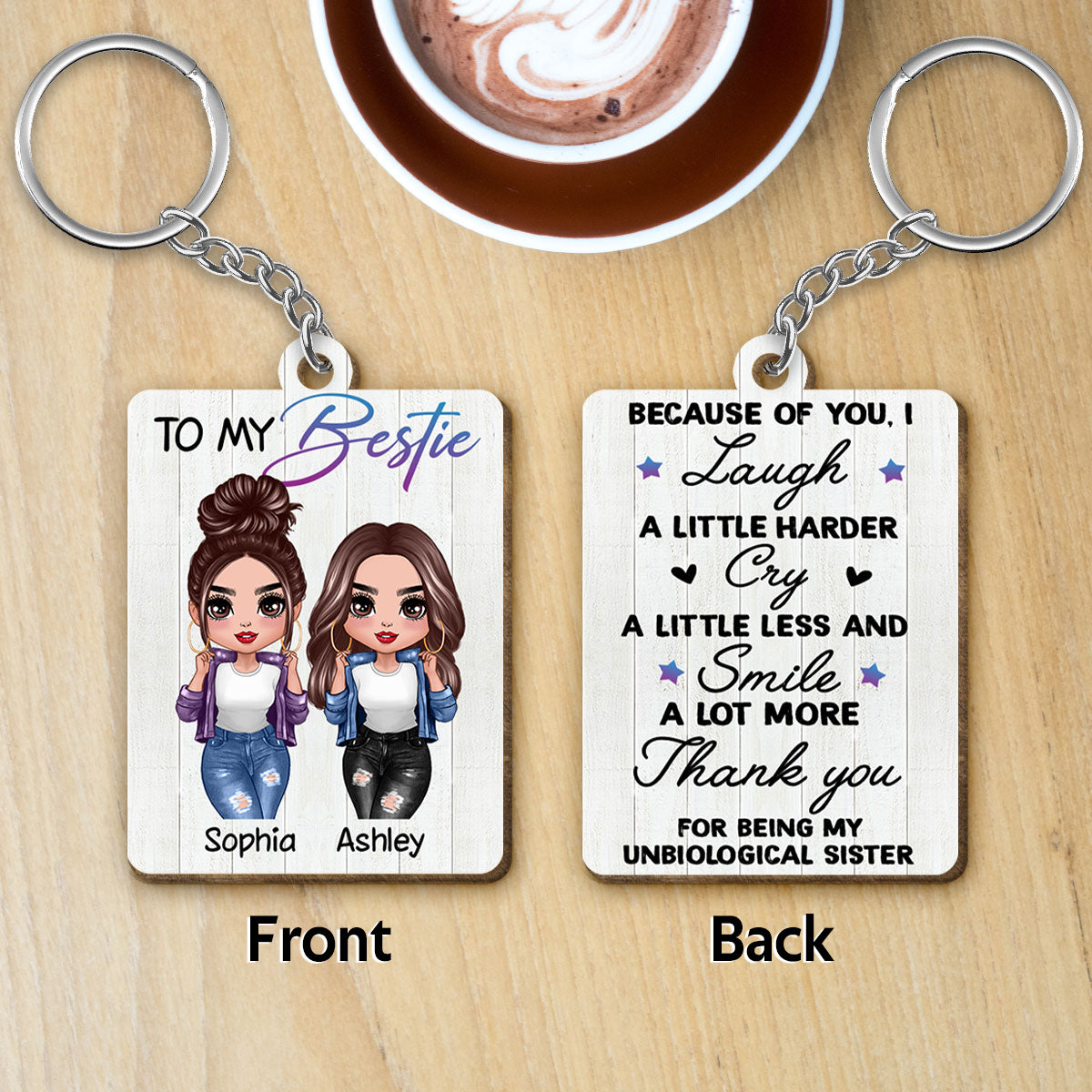 Cool Doll Besties To My Bestie Personalized Wooden Keychain