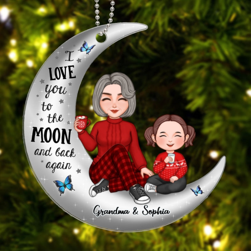 Cute Grandma & Grandkid On Silver Moon Christmas Gift For Granddaughter Grandson Personalized Acrylic Ornament
