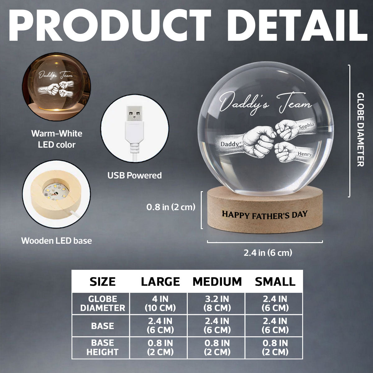 Daddy's Team Fist Bump - Personalized Crystal Ball LED Night Light - Father's Day Gift For Dad, Husband