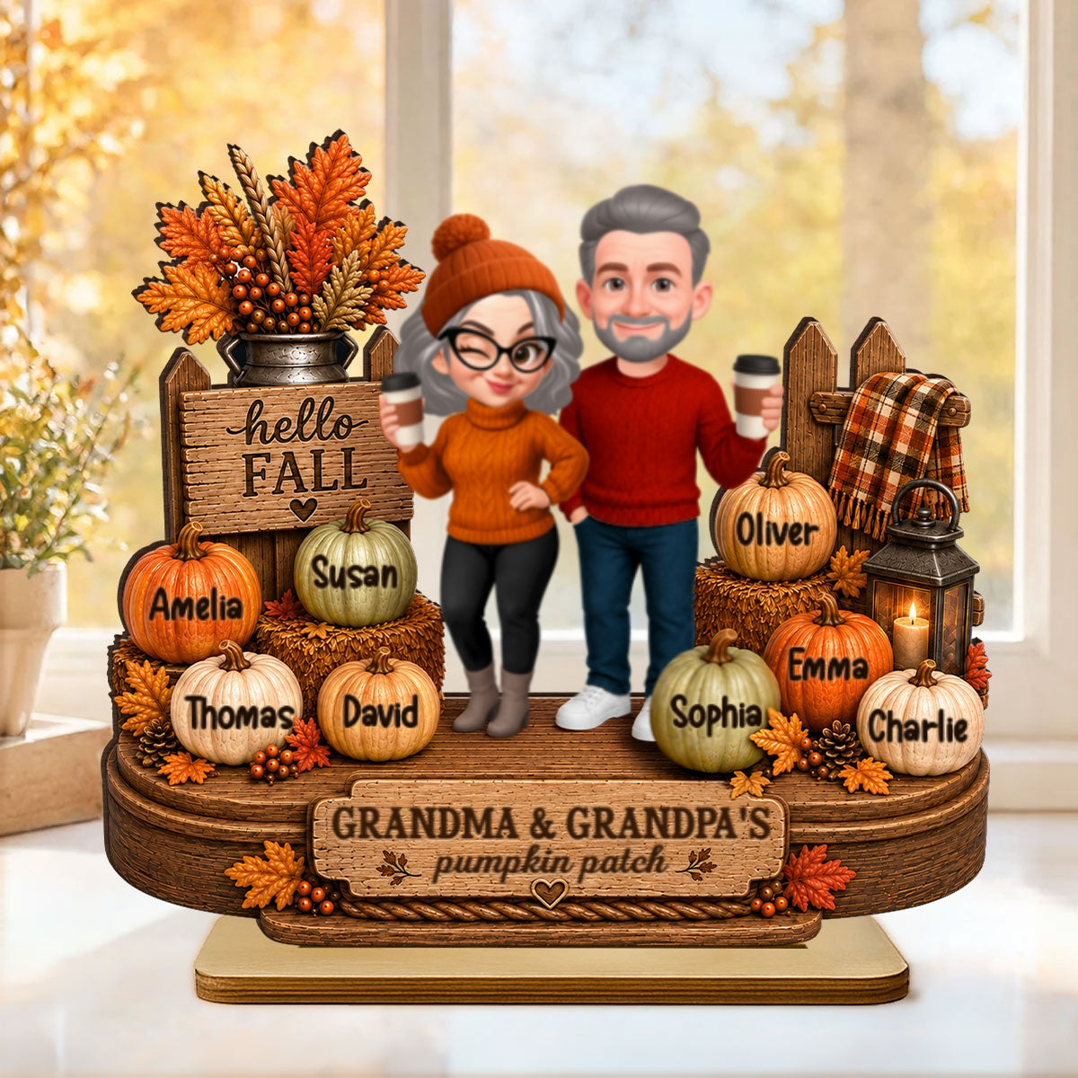 Hello Fall Grandparents' Pumpkin Patch - Personalized 2-Layered Wooden Plaque - Fall Gift, Thanksgiving, Grandparents Day Gift