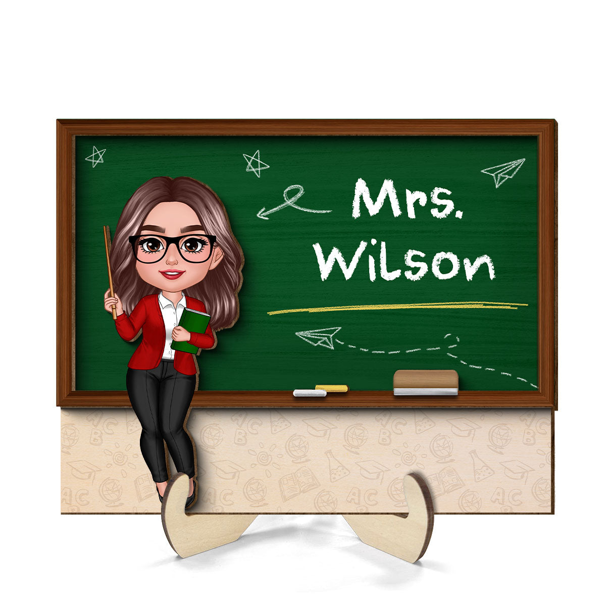 Doll Teacher Blackboard Personalized 2-Layer Wooden Plaque, Back To School Gift, Office Decor