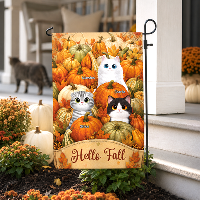 Hello Fall Cute Cat Peeking In Fall Pumpkin Patch - Personalized Garden Flag - Fall Season Decor For Cat Lover