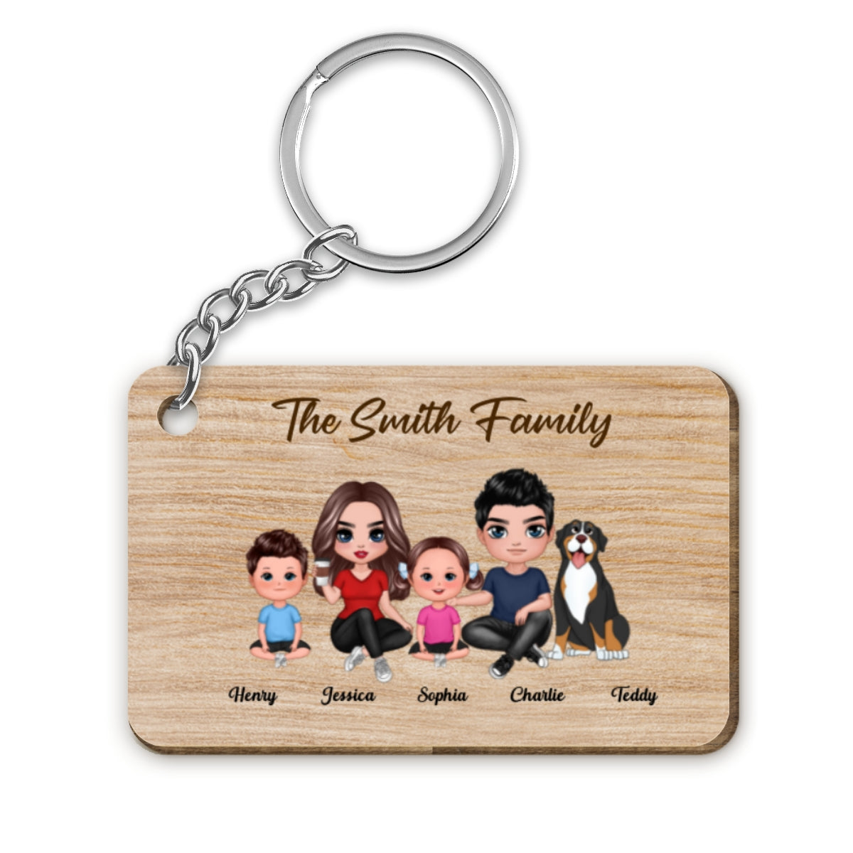 Whole Doll Family Couple Dad Mom Kids Dogs Cats Sitting Personalized Wooden Keychain