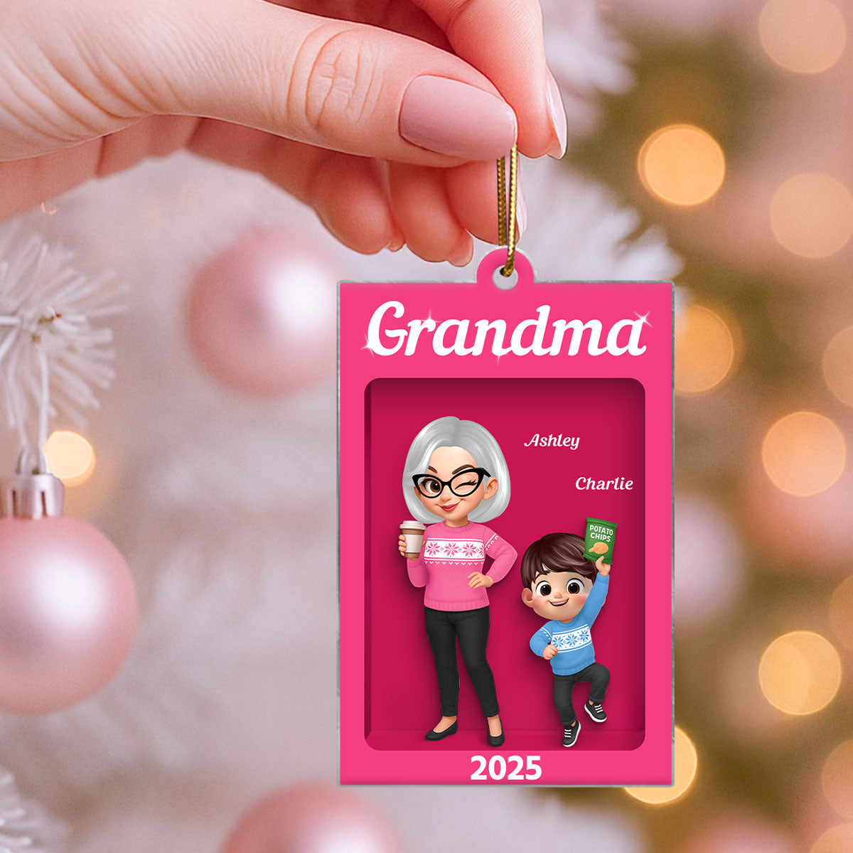 Cute Grandma And Grandkids Action Figure Personalized Acrylic Ornament - Unique Christmas Gift For Grandma
