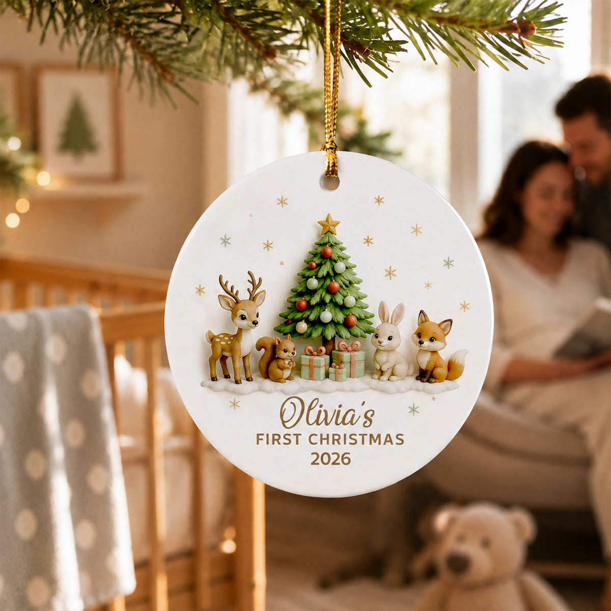 Baby’s First Christmas Tree & Woodland Animals 3D - Personalized Ceramic Ornament - New Baby Christmas Keepsake