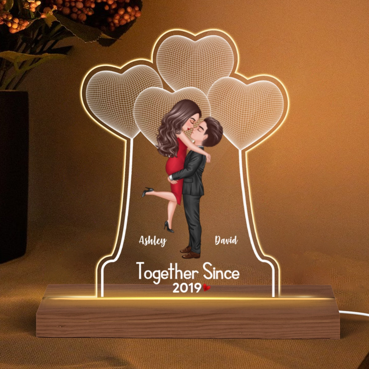 Kissing Couple Under 3D Heart Personalized Custom Shape Acrylic Plaque With LED Night Light - Anniversary Gift For Him - Gift For Her