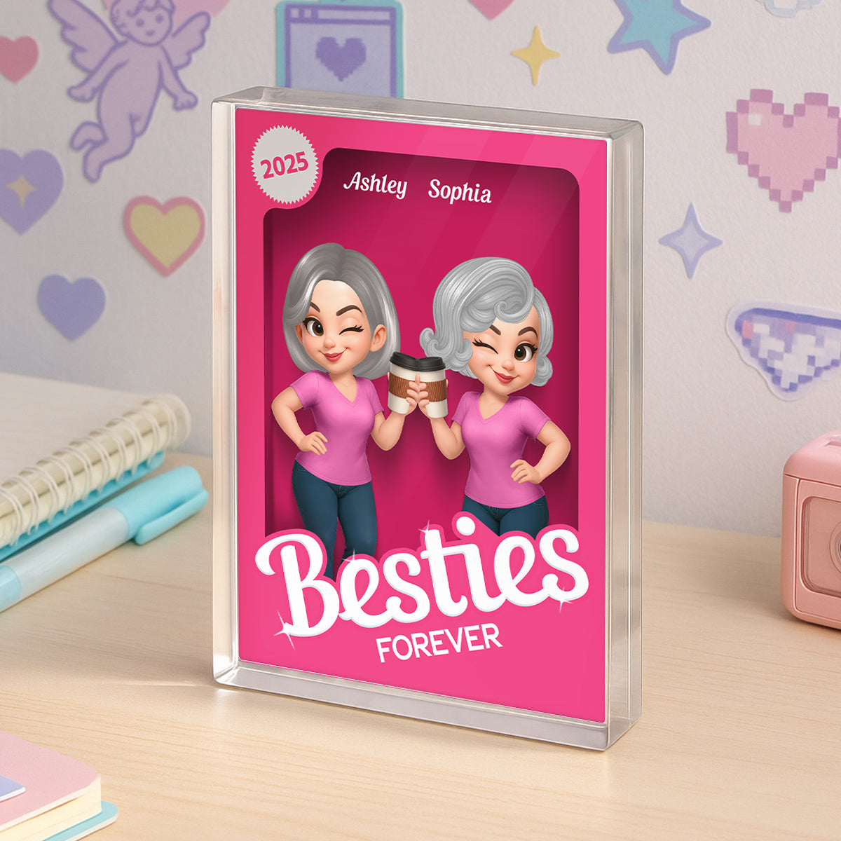 Besties Forever Pink Action Figure 3D Effect Personalized Acrylic Block, Meaningful Gift For Best Friend