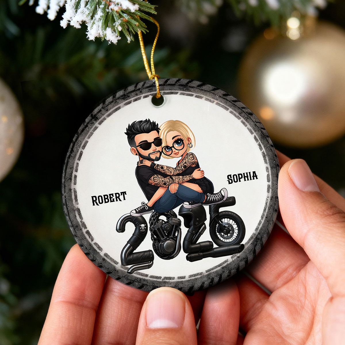 3D Effect Biker Couple Christmas - Personalized Ceramic Ornament - Gift For Bikers, Gift For Him, For Her