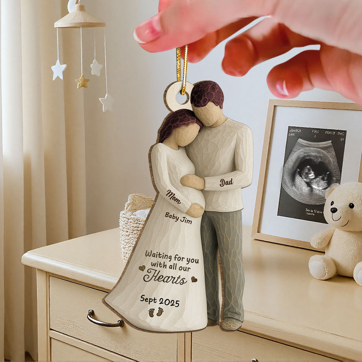 2D Flat Waiting For You With All Our Hearts Couple Expecting Baby - Personalized Wooden Ornament, Baby Shower Gift For Parents-to-be